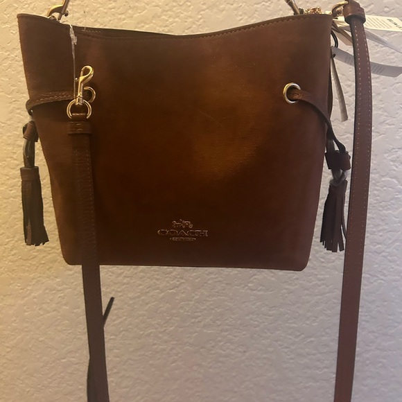 BROWN SUEDE COACH BAG. WITH SHORT AND LONG STRAP. NEVER USED WITH TAGS - Picture 1 of 5